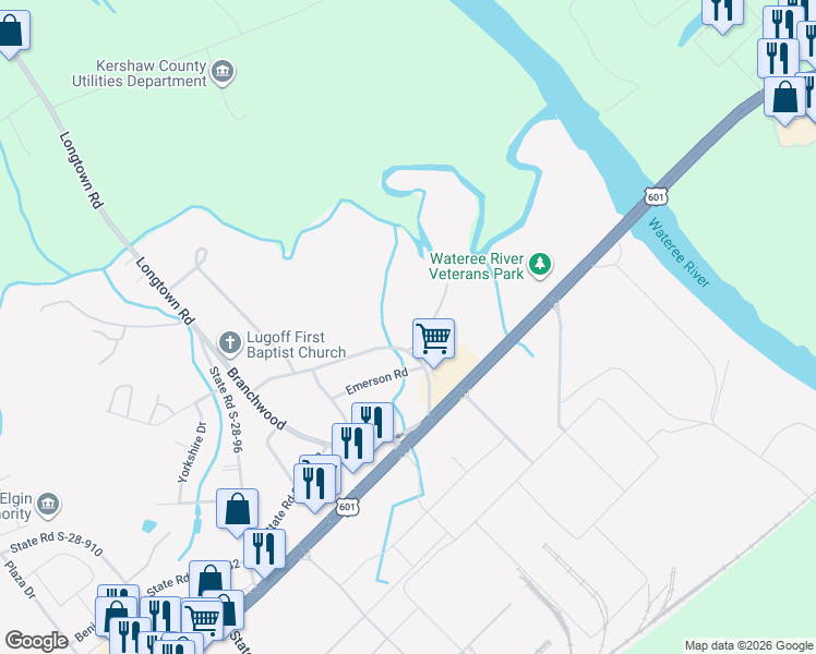 map of restaurants, bars, coffee shops, grocery stores, and more near 36 State Road S-28-134 in Lugoff
