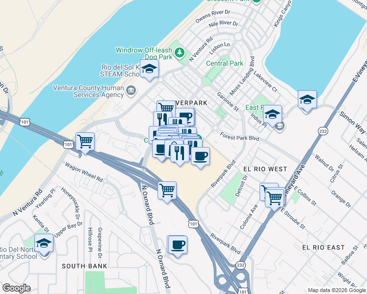 map of restaurants, bars, coffee shops, grocery stores, and more near 2751 Park View Court in Oxnard