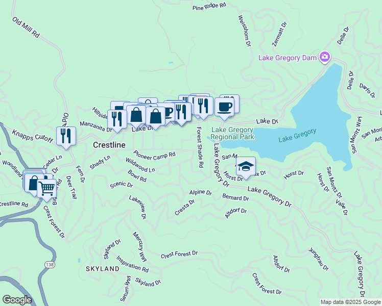 map of restaurants, bars, coffee shops, grocery stores, and more near 625 Lee Bert Way in Crestline