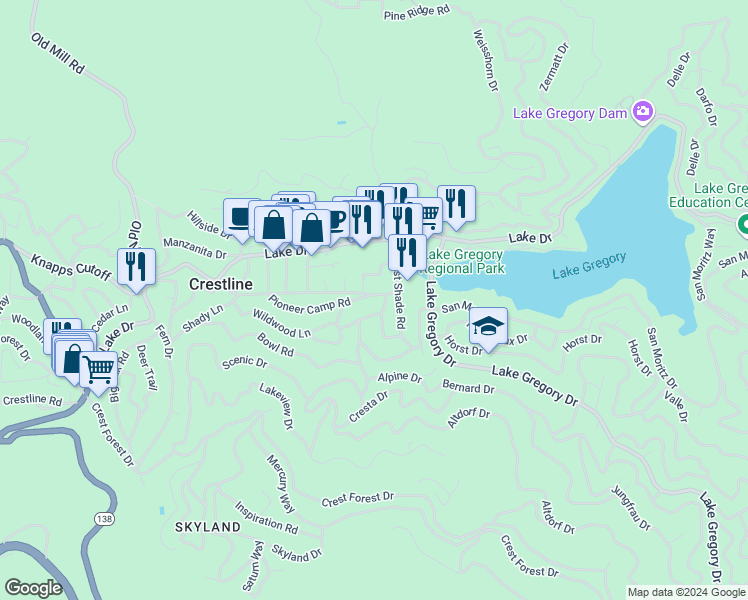 map of restaurants, bars, coffee shops, grocery stores, and more near 625 Lee Bert Way in Crestline
