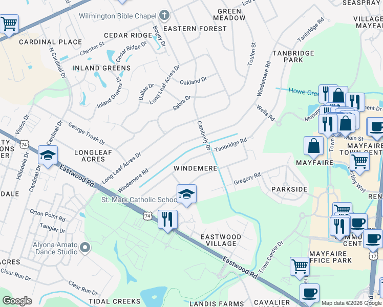 map of restaurants, bars, coffee shops, grocery stores, and more near 314 Windemere Rd in Wilmington