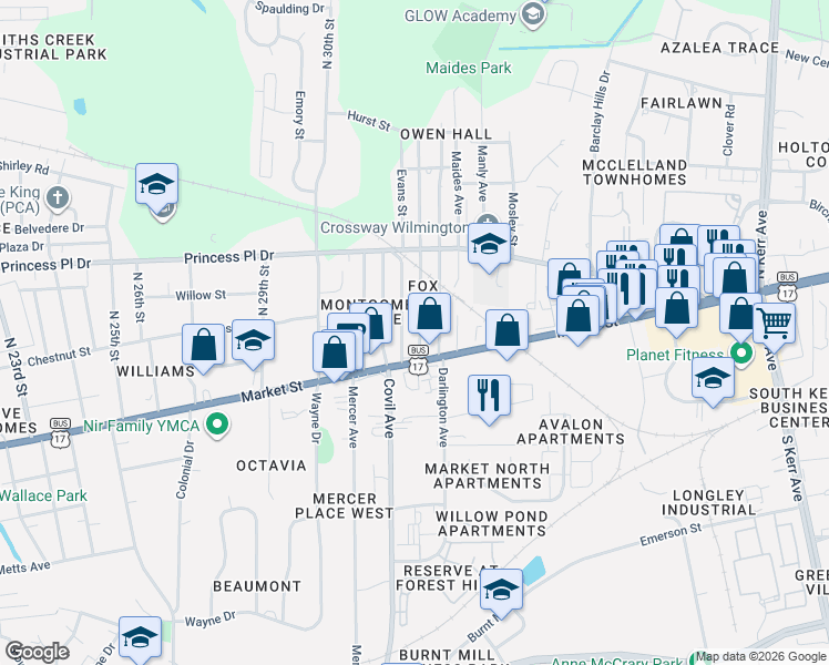 map of restaurants, bars, coffee shops, grocery stores, and more near 117 Evans Street in Wilmington