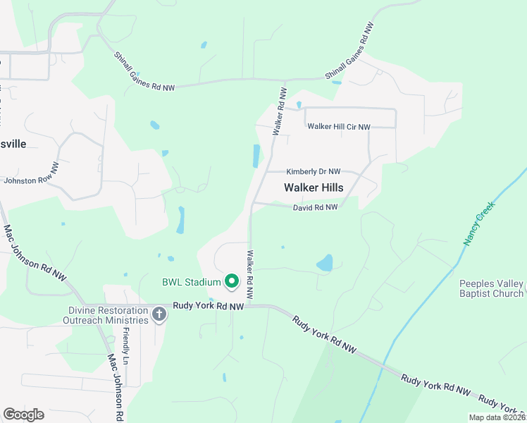 map of restaurants, bars, coffee shops, grocery stores, and more near 94 Walker Road Northwest in Cartersville