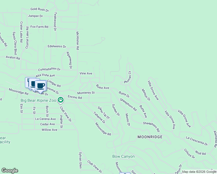 map of restaurants, bars, coffee shops, grocery stores, and more near 1000 Butte Avenue in Big Bear