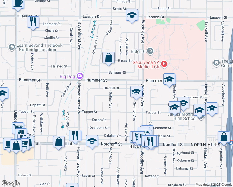 map of restaurants, bars, coffee shops, grocery stores, and more near 16335 Vincennes Street in Los Angeles