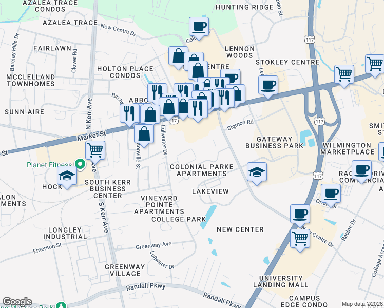 map of restaurants, bars, coffee shops, grocery stores, and more near 5126 Lamppost Circle in Wilmington