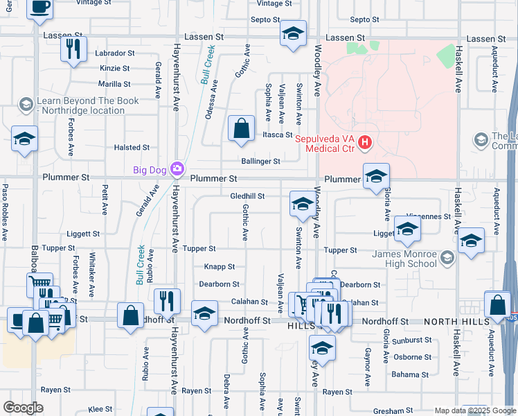 map of restaurants, bars, coffee shops, grocery stores, and more near 16335 Vincennes Street in Los Angeles
