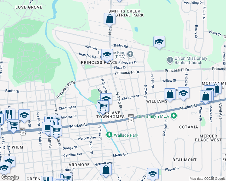 map of restaurants, bars, coffee shops, grocery stores, and more near 217 North 23rd Street in Wilmington