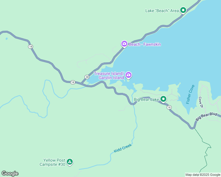 map of restaurants, bars, coffee shops, grocery stores, and more near 69 Big Bear Boulevard in Fawnskin
