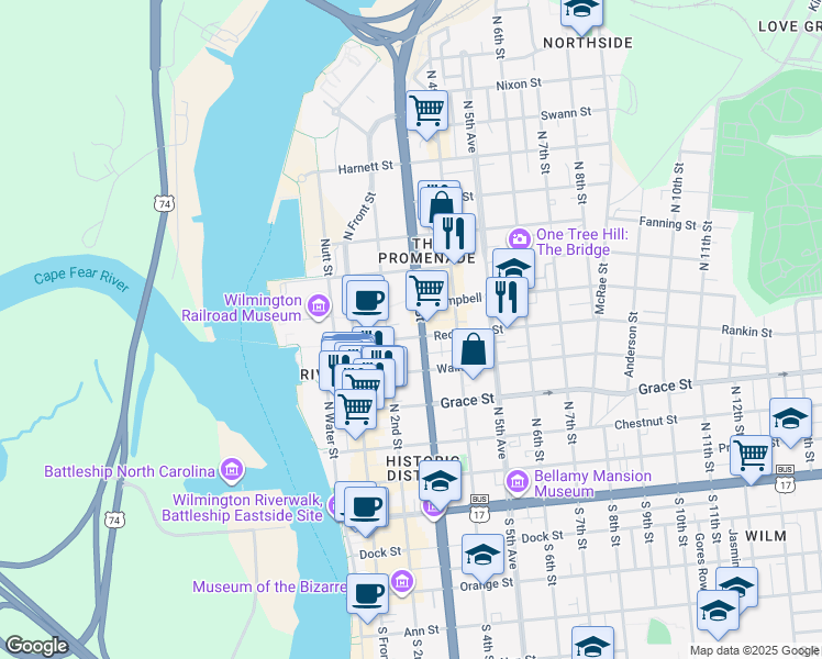 map of restaurants, bars, coffee shops, grocery stores, and more near 524 North 2nd Street in Wilmington