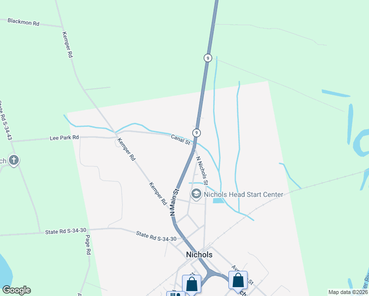 map of restaurants, bars, coffee shops, grocery stores, and more near 701 North Main Street in Nichols