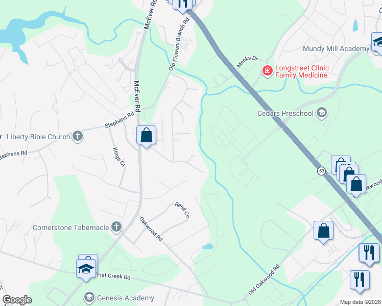 map of restaurants, bars, coffee shops, grocery stores, and more near 4721 Poplar Ridge Court in Oakwood