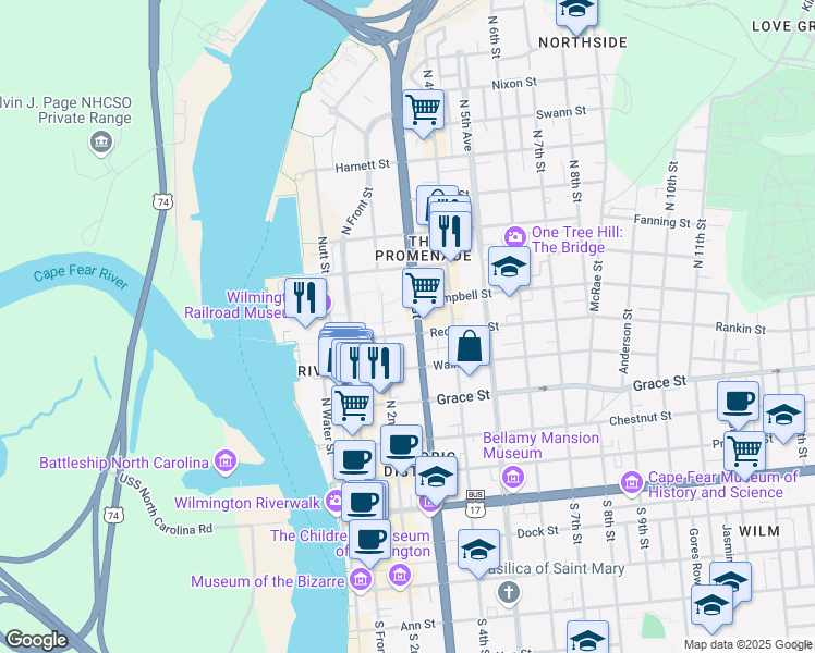 map of restaurants, bars, coffee shops, grocery stores, and more near 221 Redcross Street in Wilmington