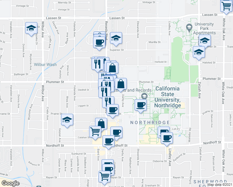 map of restaurants, bars, coffee shops, grocery stores, and more near 18427 Vincennes Street in Los Angeles