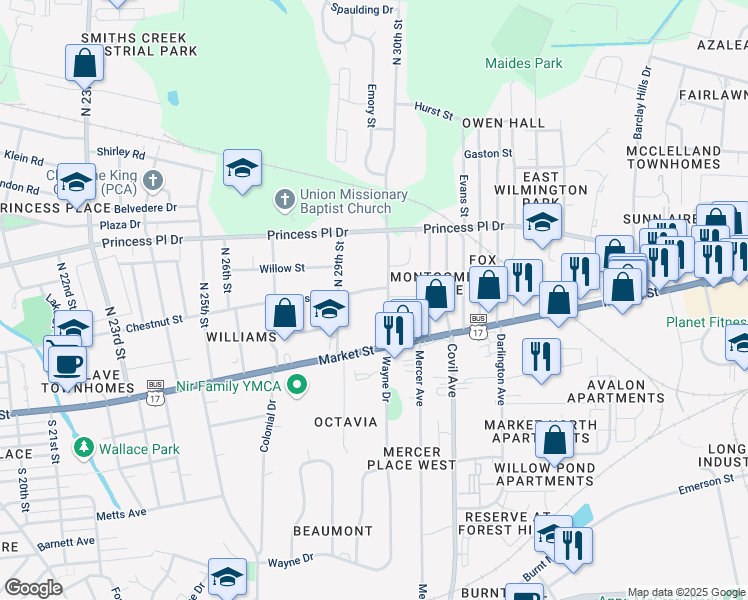 map of restaurants, bars, coffee shops, grocery stores, and more near 2926 Chestnut Street in Wilmington