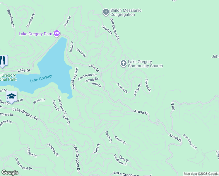 map of restaurants, bars, coffee shops, grocery stores, and more near 586 Boaz Road in Crestline