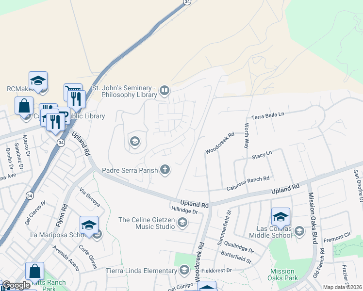 map of restaurants, bars, coffee shops, grocery stores, and more near 2405 Woodcreek Road in Camarillo