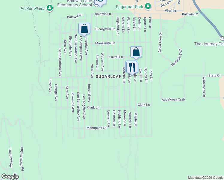 map of restaurants, bars, coffee shops, grocery stores, and more near 562 Leonard Lane in Big Bear