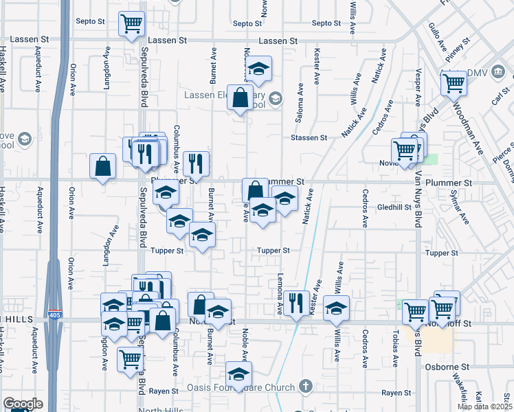 map of restaurants, bars, coffee shops, grocery stores, and more near 9435 Noble Avenue in Los Angeles