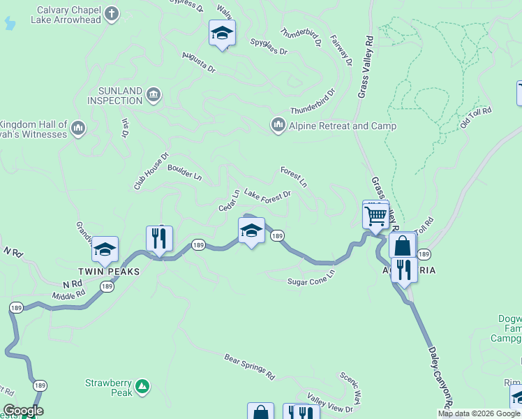 map of restaurants, bars, coffee shops, grocery stores, and more near 26442 Lake Forest Drive in Twin Peaks