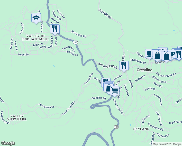 map of restaurants, bars, coffee shops, grocery stores, and more near 614 Lane's End Trail in Crestline