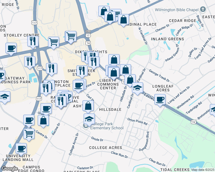 map of restaurants, bars, coffee shops, grocery stores, and more near 121 Racine Drive in Wilmington