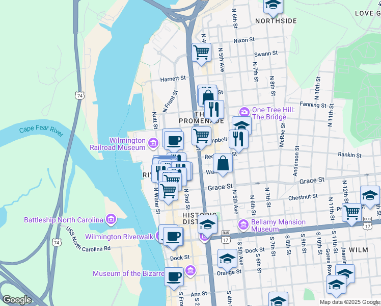 map of restaurants, bars, coffee shops, grocery stores, and more near 524 North 2nd Street in Wilmington