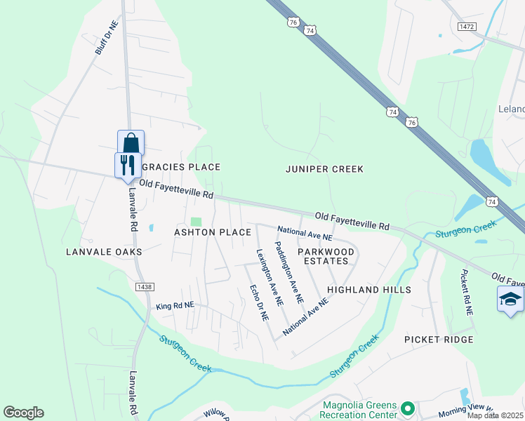 map of restaurants, bars, coffee shops, grocery stores, and more near 1257 Old Fayetteville Road in Leland
