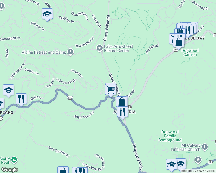 map of restaurants, bars, coffee shops, grocery stores, and more near 612 Karenken Pines Drive in Lake Arrowhead