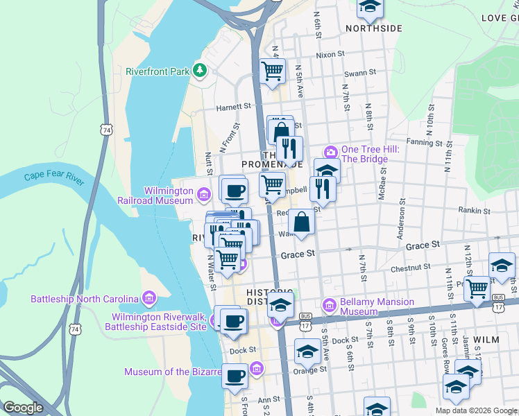 map of restaurants, bars, coffee shops, grocery stores, and more near 215 Redcross Street in Wilmington