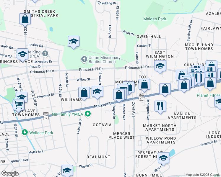 map of restaurants, bars, coffee shops, grocery stores, and more near 2926 Chestnut Street in Wilmington