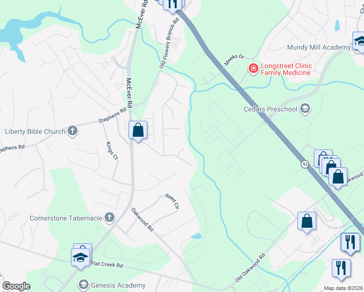 map of restaurants, bars, coffee shops, grocery stores, and more near 4721 Poplar Ridge Court in Oakwood
