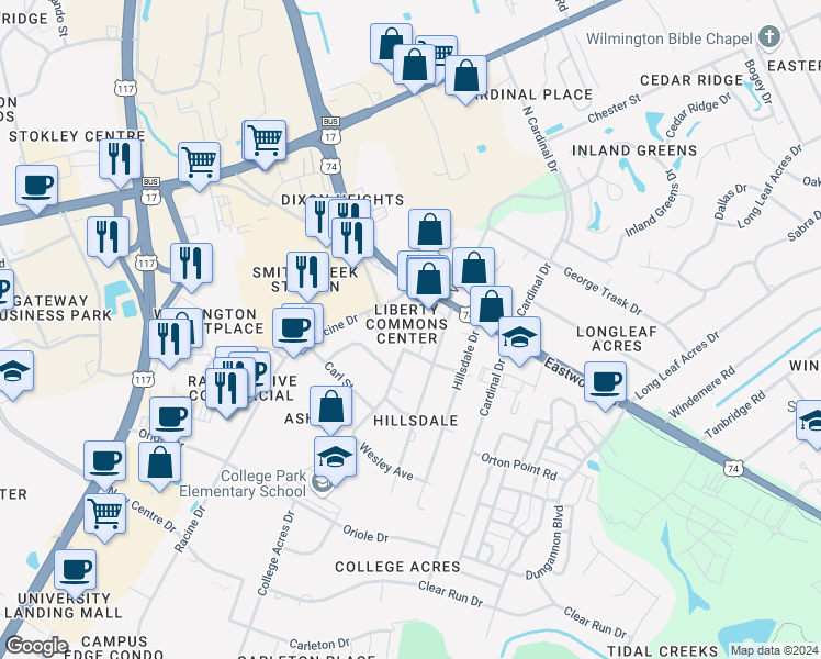 map of restaurants, bars, coffee shops, grocery stores, and more near 121 Racine Drive in Wilmington