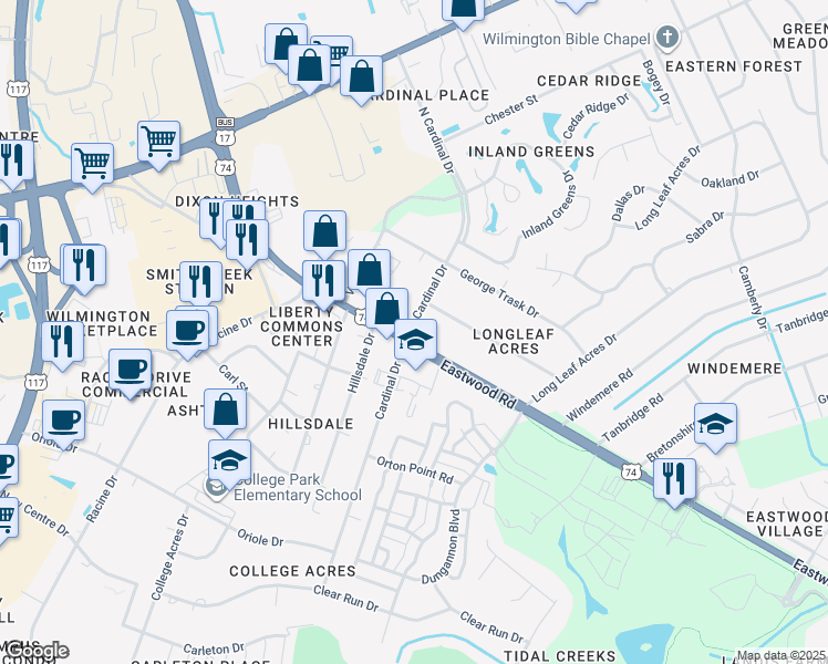 map of restaurants, bars, coffee shops, grocery stores, and more near in Wilmington