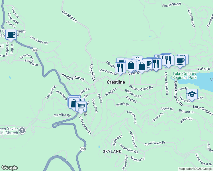 map of restaurants, bars, coffee shops, grocery stores, and more near 23664 Rocky Dell in Crestline