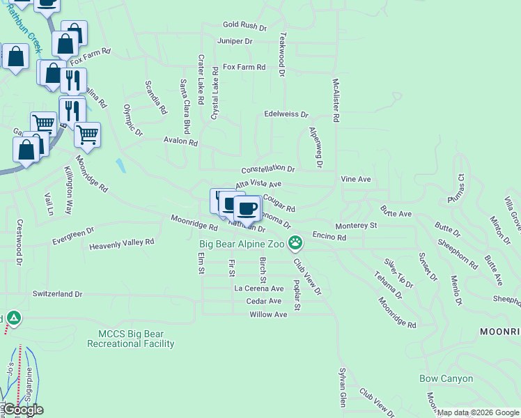 map of restaurants, bars, coffee shops, grocery stores, and more near 42690 Sonoma Drive in Big Bear Lake