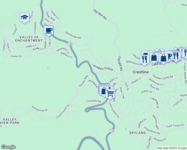 map of restaurants, bars, coffee shops, grocery stores, and more near 23370 Seeley Way in Crestline