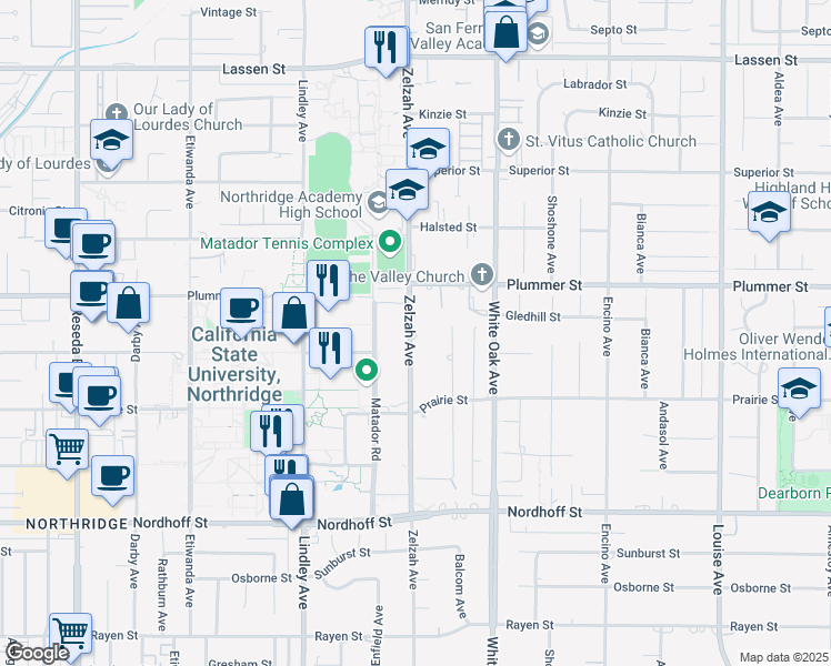 map of restaurants, bars, coffee shops, grocery stores, and more near 9410 Zelzah Avenue in Los Angeles