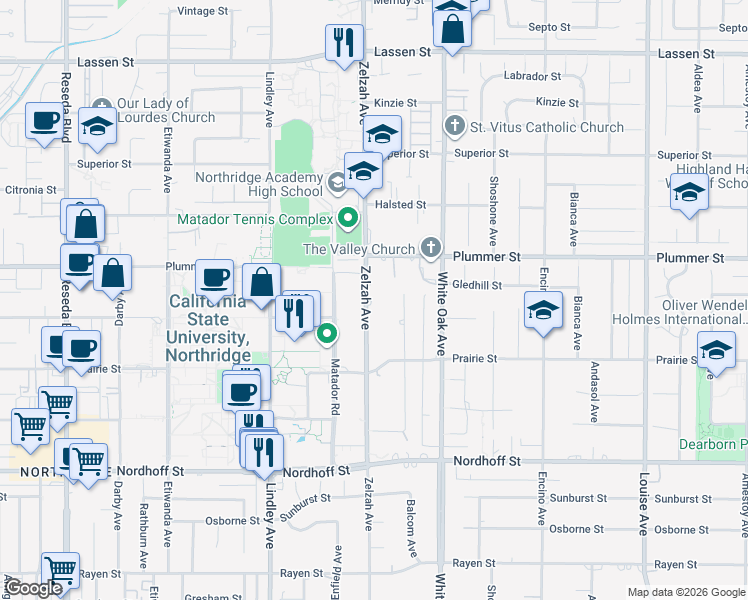 map of restaurants, bars, coffee shops, grocery stores, and more near 9410 Zelzah Avenue in Los Angeles