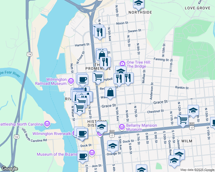 map of restaurants, bars, coffee shops, grocery stores, and more near 513 North 5th Avenue in Wilmington