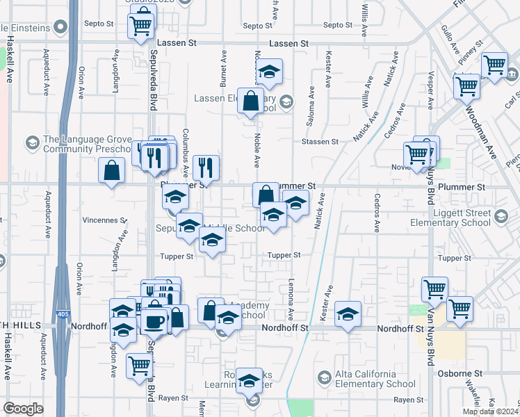 map of restaurants, bars, coffee shops, grocery stores, and more near 9420 Noble Avenue in Los Angeles
