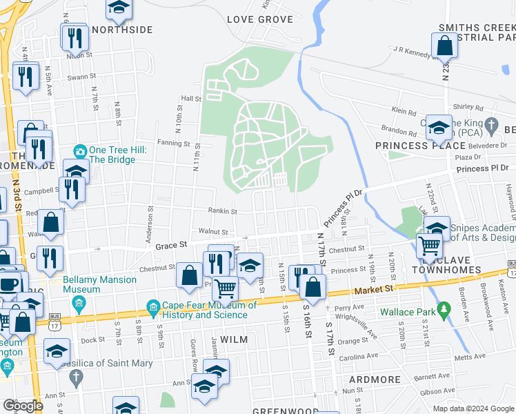 map of restaurants, bars, coffee shops, grocery stores, and more near 1403 Rankin Street in Wilmington