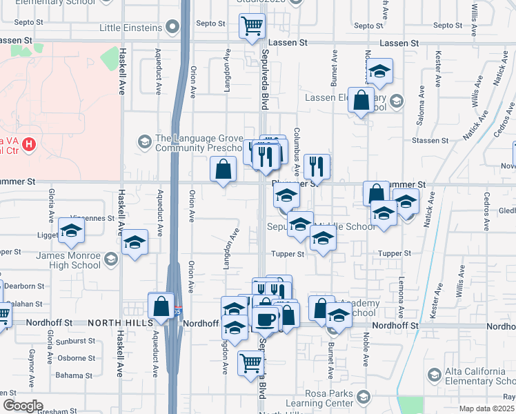 map of restaurants, bars, coffee shops, grocery stores, and more near Sepulveda Boulevard in Los Angeles County