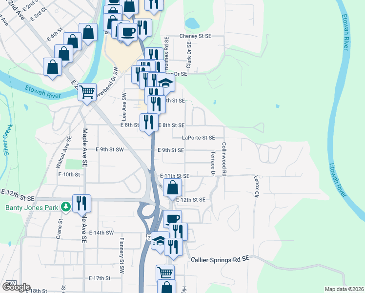 map of restaurants, bars, coffee shops, grocery stores, and more near 425 East 9th Street Southeast in Rome