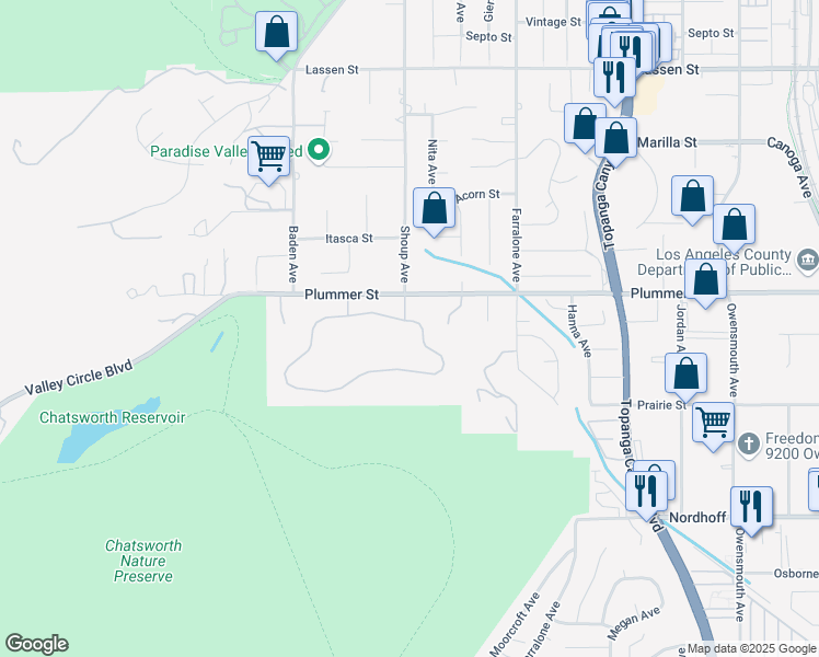 map of restaurants, bars, coffee shops, grocery stores, and more near 22358 North Summit Ridge Circle in Los Angeles