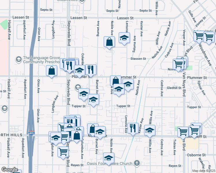 map of restaurants, bars, coffee shops, grocery stores, and more near 9427 Noble Avenue in Los Angeles