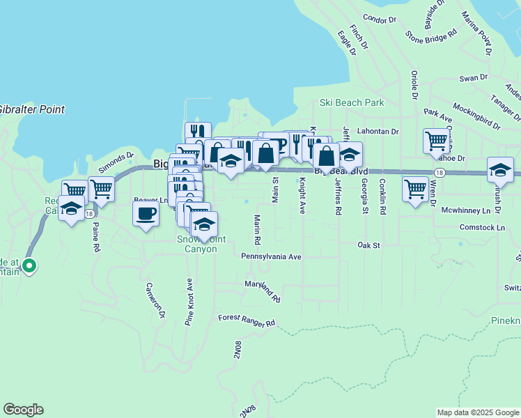 map of restaurants, bars, coffee shops, grocery stores, and more near 609 Marin Road in Big Bear Lake
