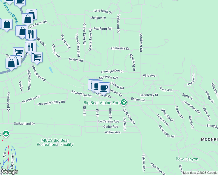 map of restaurants, bars, coffee shops, grocery stores, and more near 42690 Sonoma Drive in Big Bear Lake