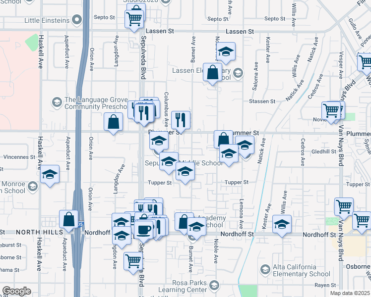 map of restaurants, bars, coffee shops, grocery stores, and more near 9431 1/2 Burnet Avenue in Los Angeles
