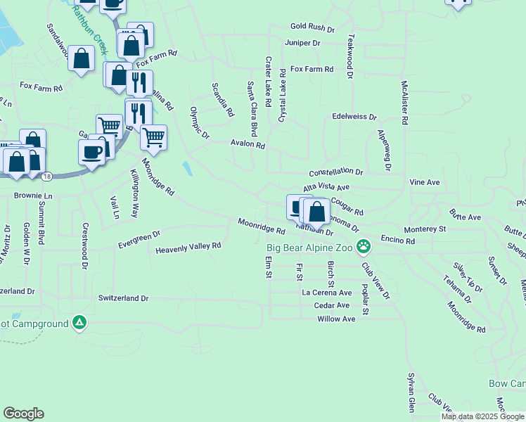 map of restaurants, bars, coffee shops, grocery stores, and more near 42493 Catalina Road in Big Bear Lake